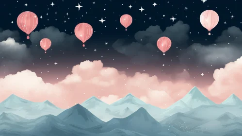 Whimsical Landscape of Pink Balloons Soaring Over Mountains
