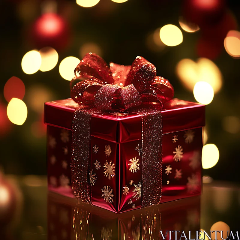 Festive Red Present with Snowflake Decorations AI Image