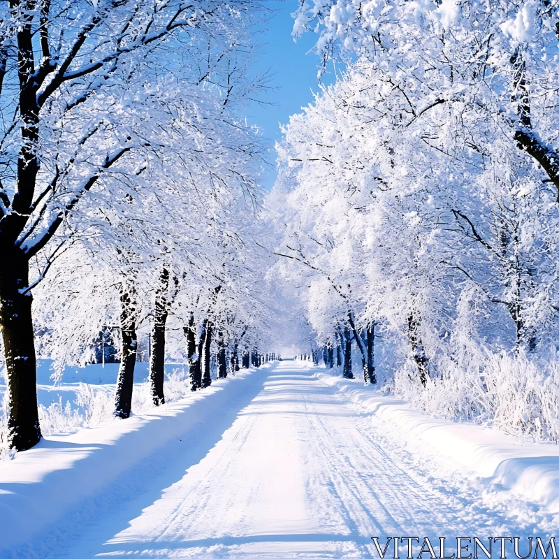 Snow-Covered Winter Path with Tree Tunnel AI Image