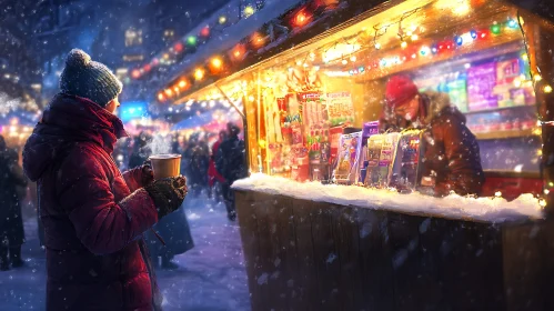 Snowy Evening at a Christmas Market Food Stall