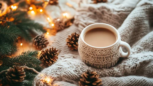 Warm Holiday Vibes with Pinecones and Hot Drink