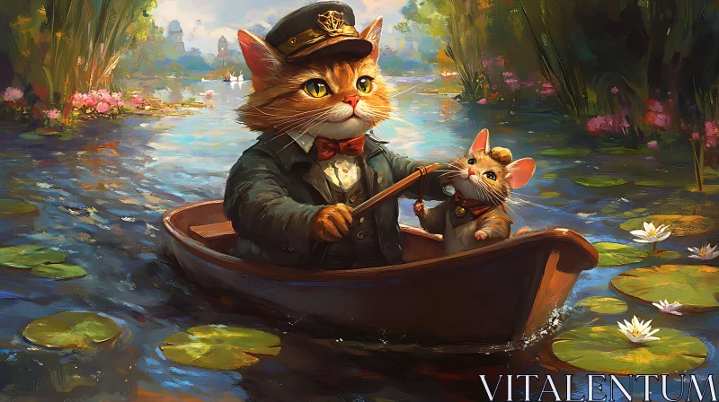 Oil Painting of Cats in a Wooden Boat on Lily-Filled River AI Image