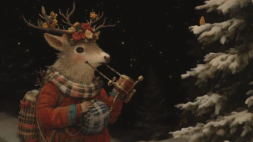 Deer Musician in Winter Forest