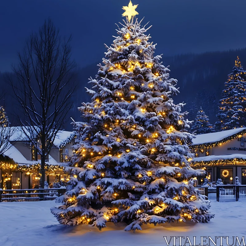 Illuminated Christmas Tree on a Snowy Night AI Image