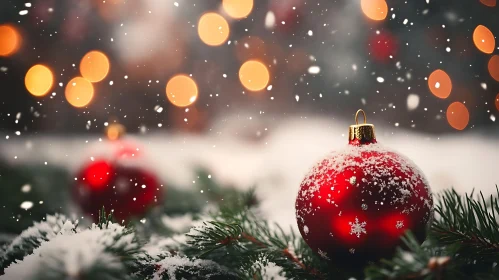 Red Christmas Bauble in Snowy Setting