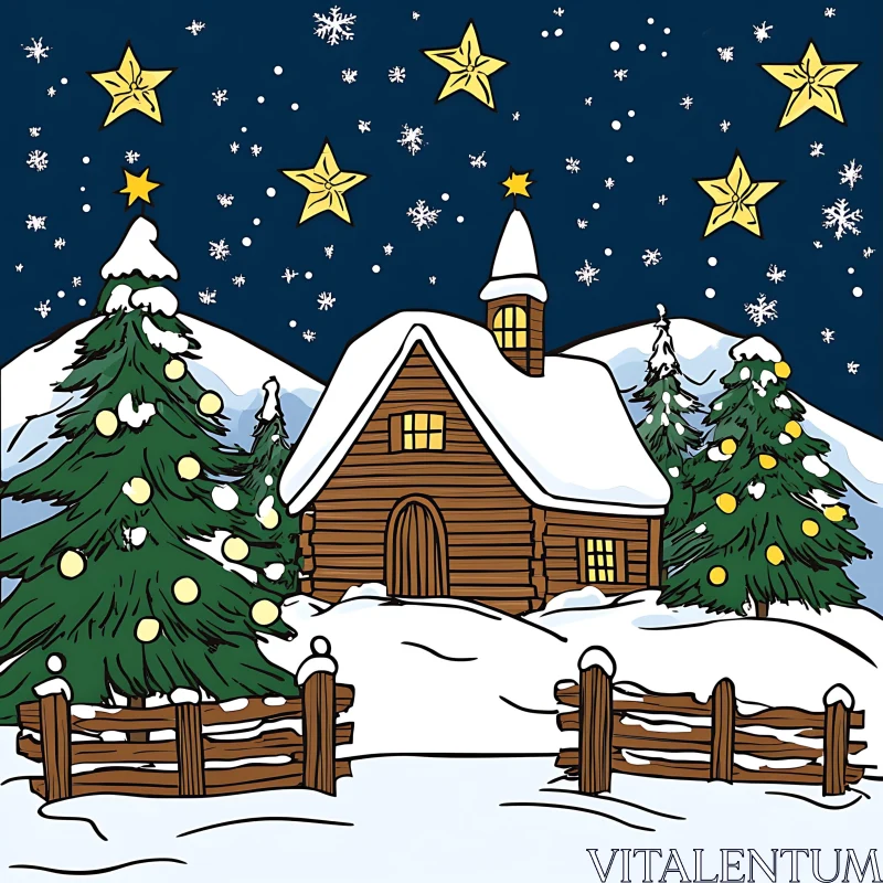 Snowy Night with Lit-Up Christmas Cabin AI Image