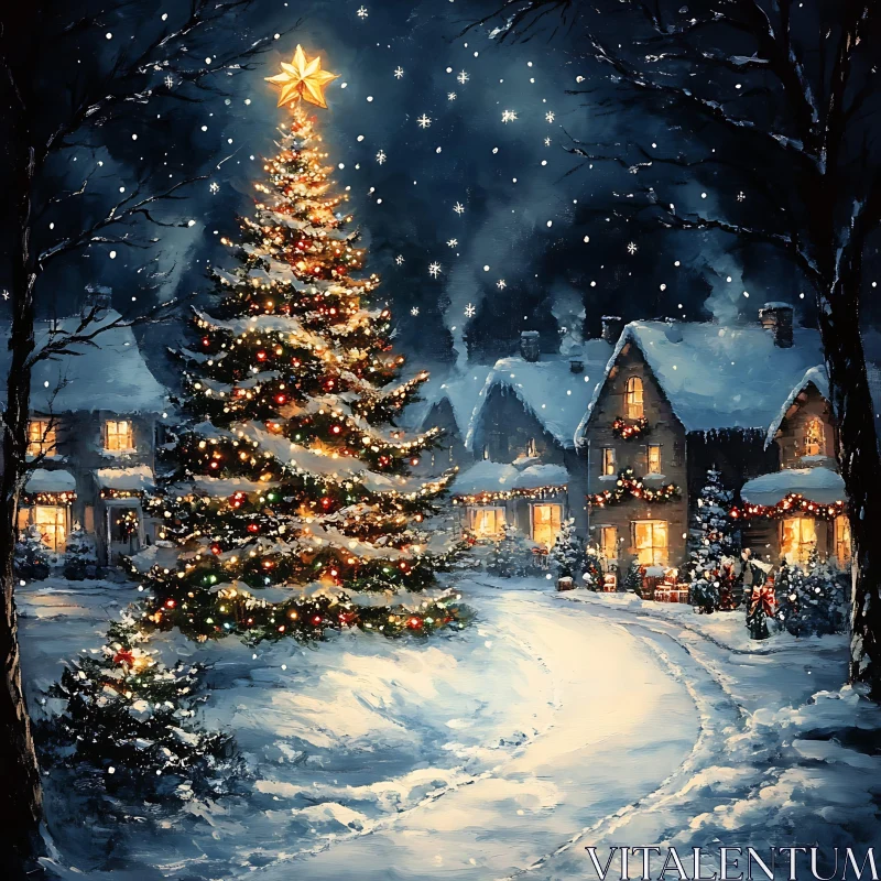 Winter Festivity Night with Decorated Christmas Tree AI Image