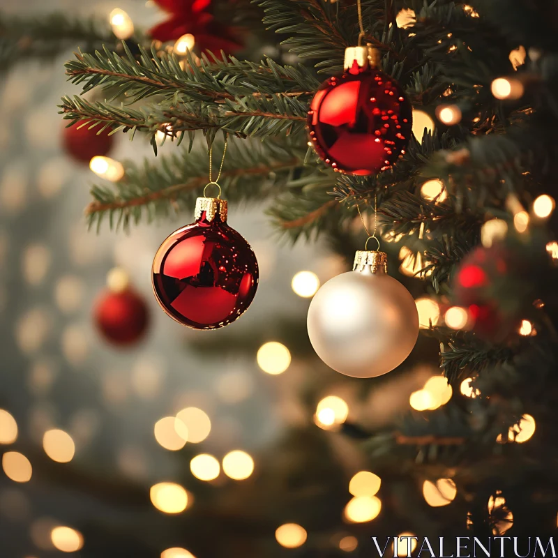 Christmas Tree Decor with Red and White Baubles AI Image