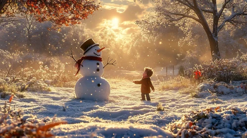 A Winter Evening with a Child and Snowman