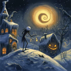 Eerie Skeleton in Snowy Magical Village at Night