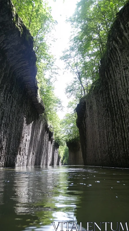 Peaceful Waterway through Cliff-lined Canyon AI Image