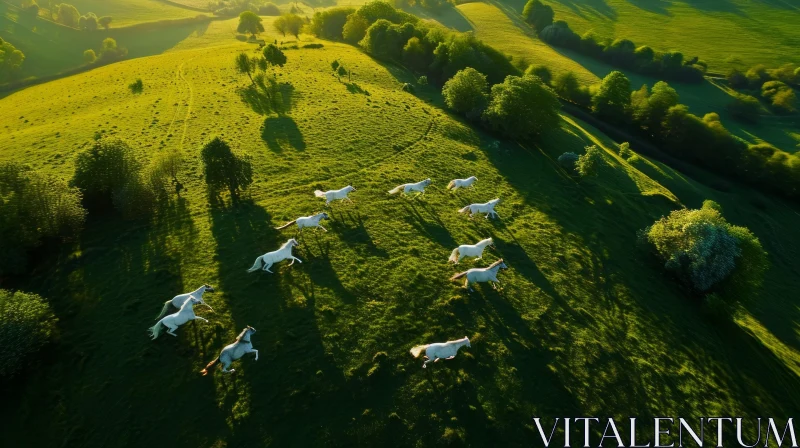 Aerial View of Herd of White Horses Running in Lush Green Field AI Image
