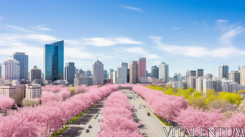 Blooming Sakura Trees: A Captivating Cityscape AI Image