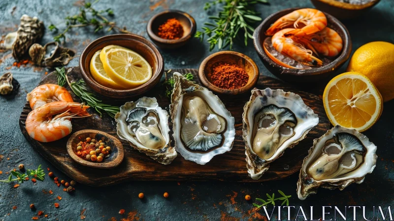 Delicious Fresh Seafood Ingredients on Wooden Board AI Image