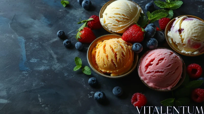 Delicious Ice Cream with Fresh Berries in Three Flavors AI Image