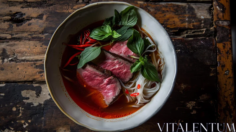 Delicious Vietnamese Beef Noodle Soup in a White Bowl on a Wooden Table AI Image