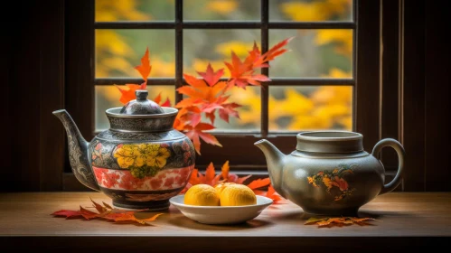 Japanese Photography: Vibrant Teapot on Windowsill with Leaf Patterns