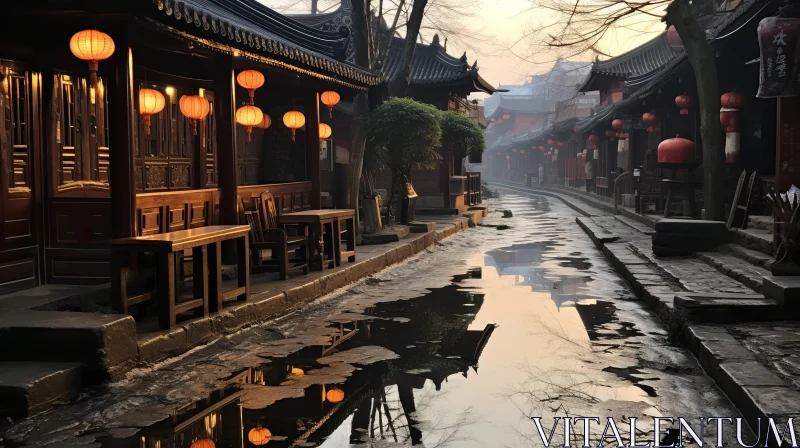 AI ART Serene Traditional Chinese Streets with Sparkling Water Reflections