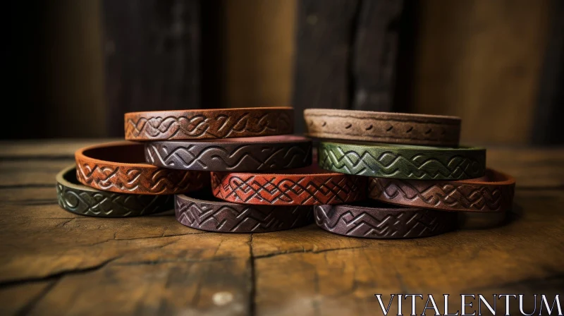 Stack of Seven Leather Bracelets on Wooden Surface AI Image