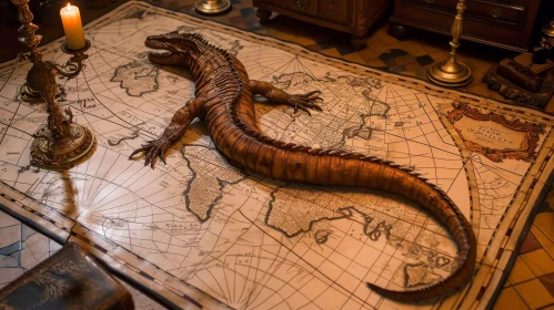Stuffed Monitor Lizard on Detailed World Map