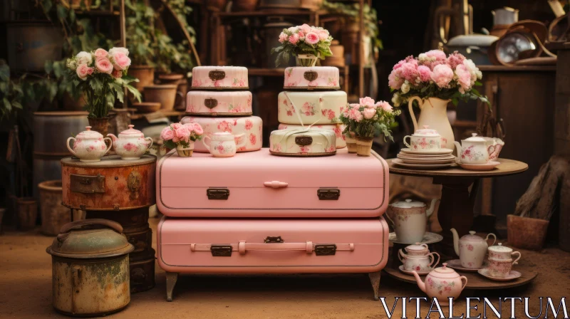 Vintage Suitcases and Pink Floral Arrangements: A Barbiecore Tableau AI Image