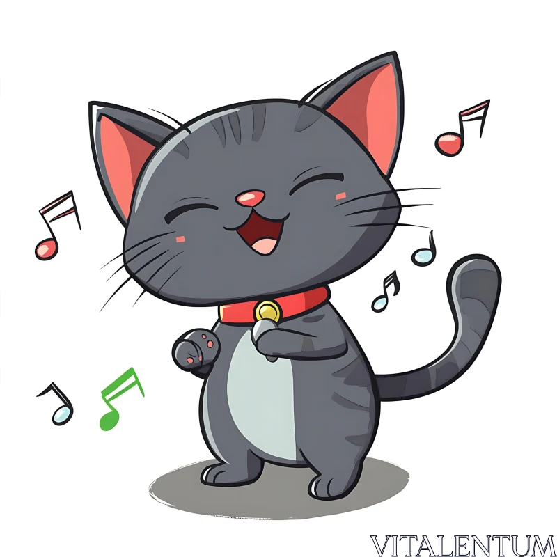 Cute Gray Cat Singing with Musical Notes AI Image