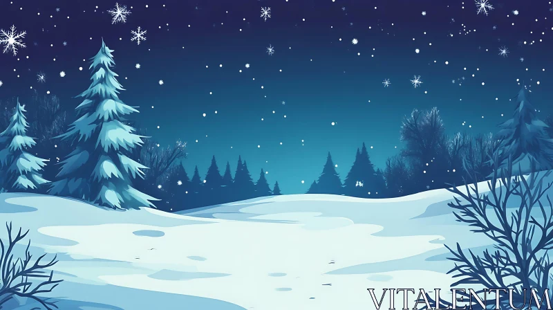 Peaceful Winter Night Scene with Snowfall and Pine Trees AI Image