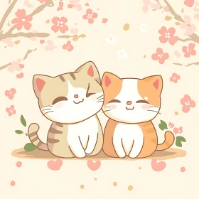 Illustration of Happy Cats with Blossoms