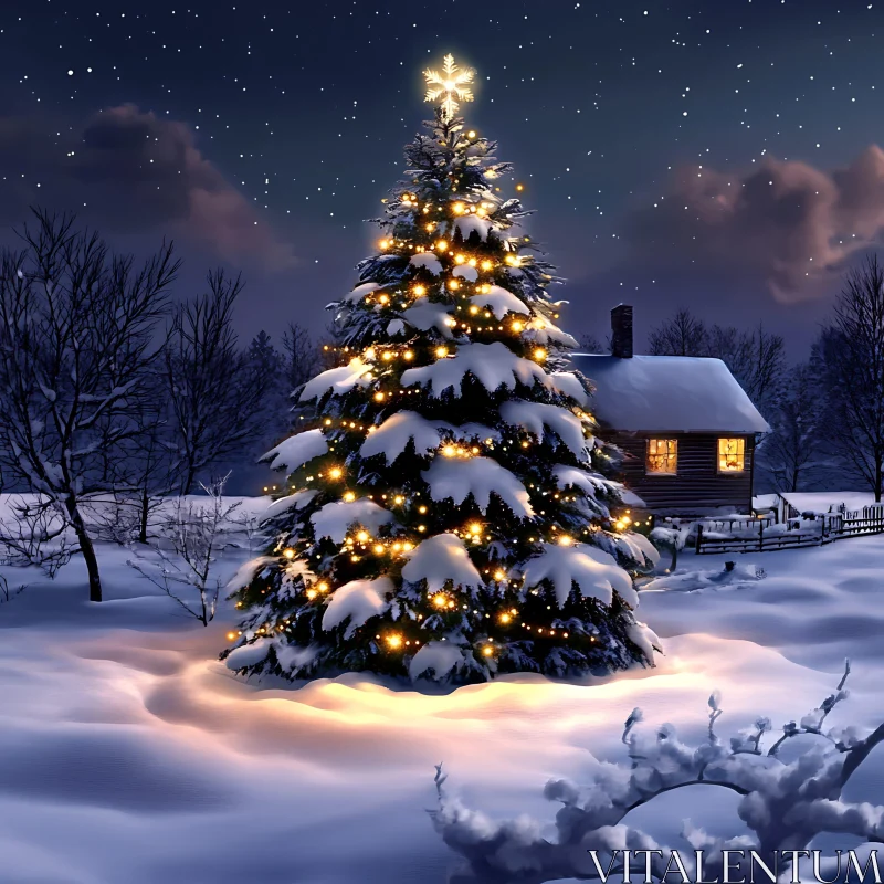 Serene Winter Night Christmas Tree and Cabin AI Image