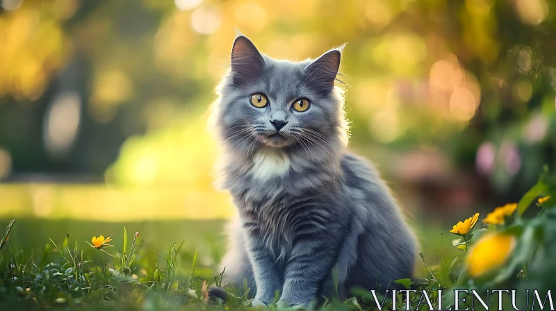 Charming Grey Cat Amidst Yellow Flowers and Golden Light AI Image