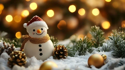 Festive Snowman Decoration Surrounded by Pine and Lights