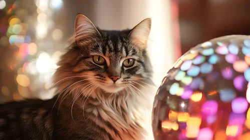 Cat with Fluffy Fur and Disco Ball