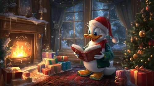 Christmas Duck by the Fireplace