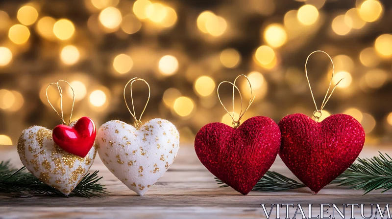 Holiday Heart Ornaments with Warm Lighting AI Image