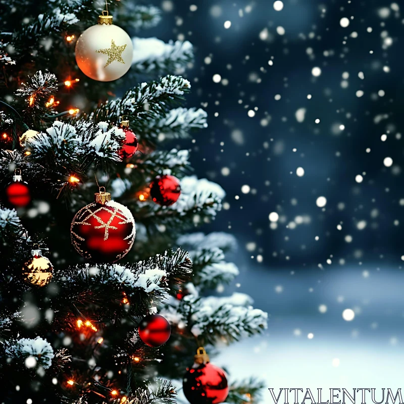 Festive Christmas Tree with Ornaments in Snow AI Image