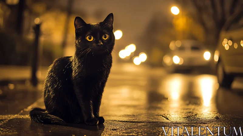 Yellow-Eyed Black Cat on a Rainy Night AI Image