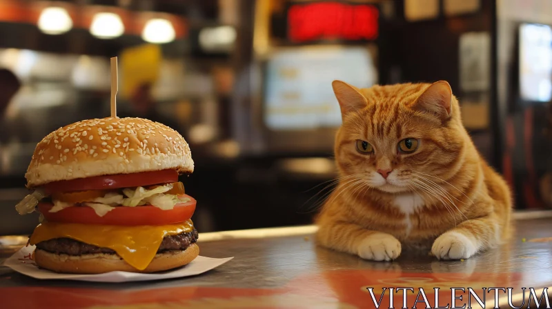 Cat and Cheeseburger on Counter AI Image