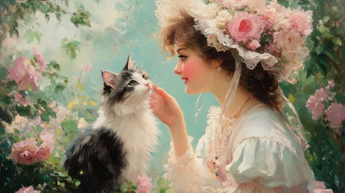 Painted Portrait of a Woman with a Cat in a Flower Garden