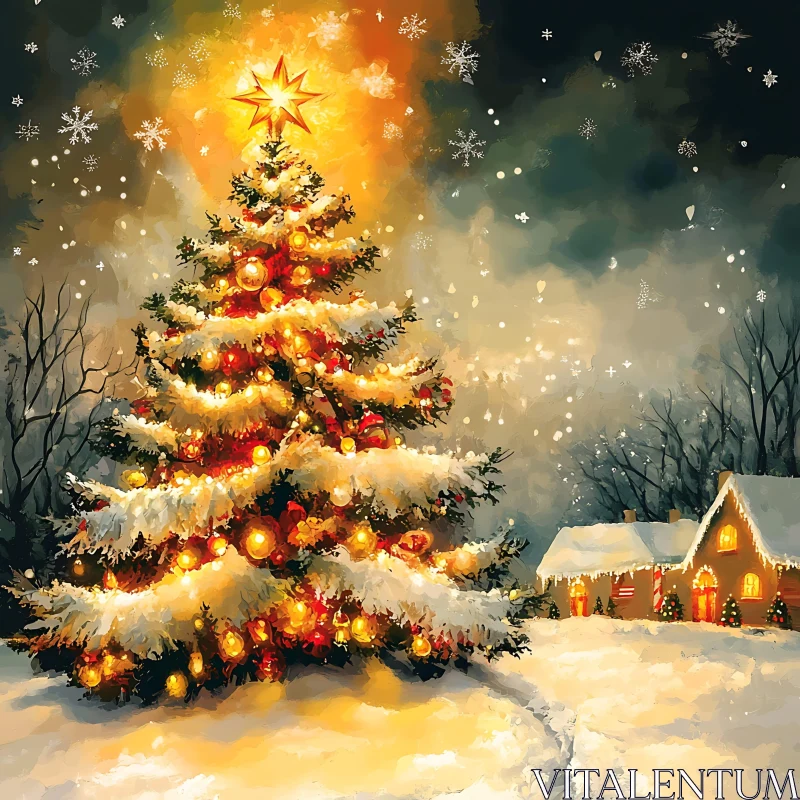 Snow-Covered Christmas Tree with Festive Lights AI Image