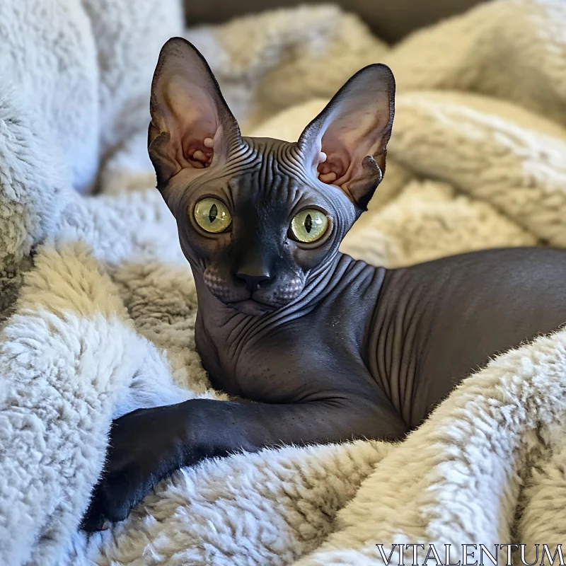 Hairless Sphynx Cat Resting on Soft Blanket AI Image