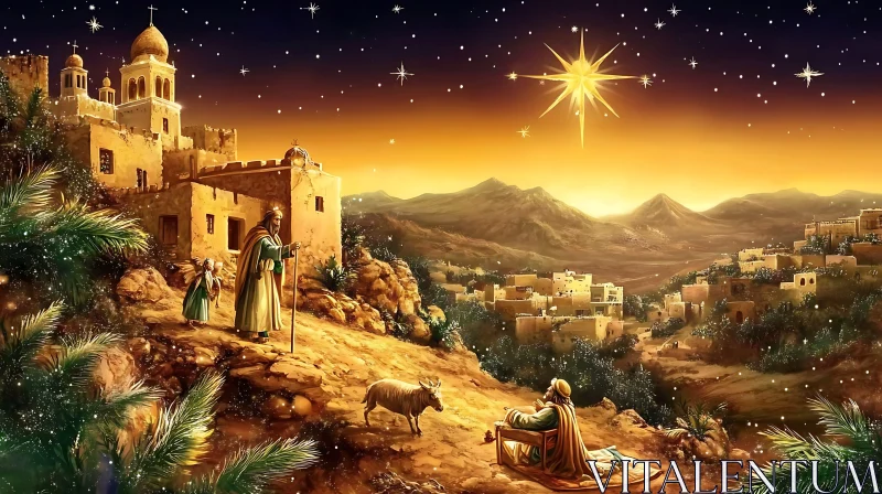 Holy Nativity Under the Night Sky AI Image