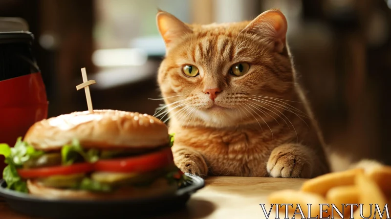 Cat Gazing at a Tasty Burger AI Image