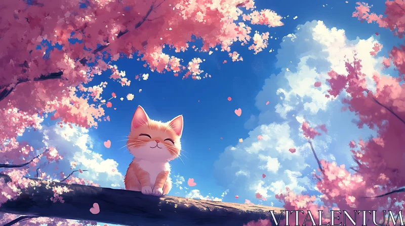 Content Cat in Cherry Blossom Tree AI Image