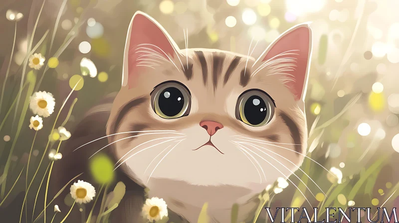 Enchanting Wide-Eyed Cat Among Flowers AI Image