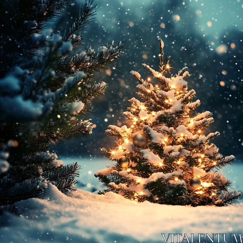 Magical Christmas Tree Amidst Snowfall AI Image