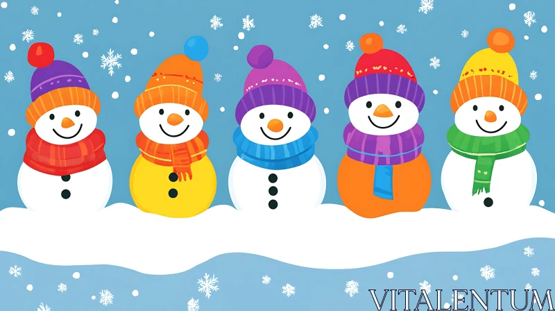 AI ART Cheerful Snowmen with Colorful Hats and Scarves