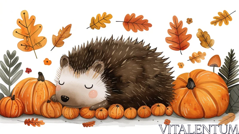 Cozy Hedgehog and Pumpkins Watercolor Illustration AI Image