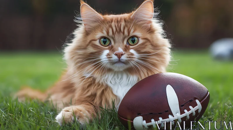 AI ART Tabby Cat with Football in Green Field