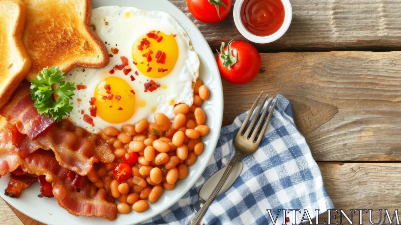 Delicious Breakfast Plate: Fried Eggs, Bacon, Baked Beans, and More AI Image