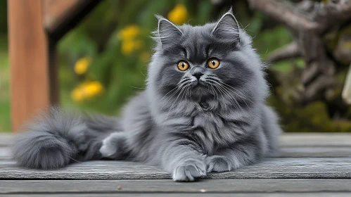 Fluffy Grey Cat with Bright Yellow Eyes